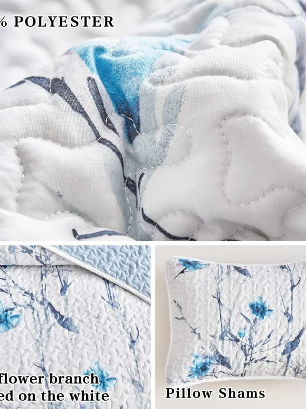 Botanical Quilt Set 2 Pieces Twin Size, Blue Flower Branch on White Reversible B